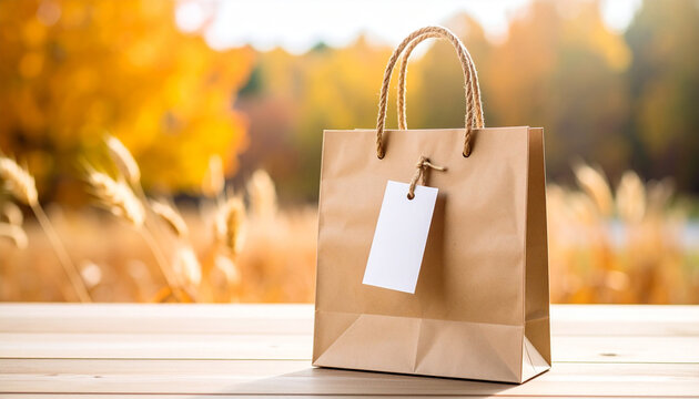 Shopping Bag in Autumn: A stylish brown shopping bag sits proudly on a rustic wooden surface, the backdrop alive with the vibrant hues of autumn, and a blank tag ready for personalized messaging.