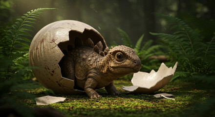 Newborn Ankylosaurus Crawling from Broken Egg in Fern-Covered Forest