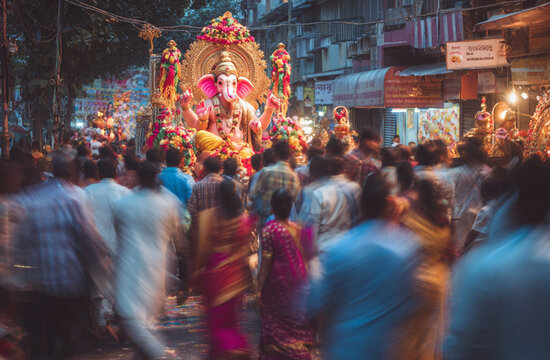 Mumbai Street Celebration of Ganesh Chaturthi Festival – Colorful Crowd Honoring Lord Ganesha