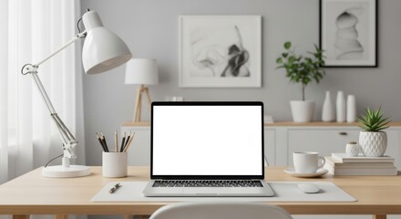 Modern Desk Workspace with Laptop and Decorative Plants in Bright Minimalist Office