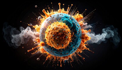 A vibrant, abstract sphere explodes, releasing swirling orange and teal paint with smoke trails