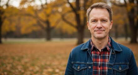 Middle-aged man smiling in autumn park with orange leaves around  