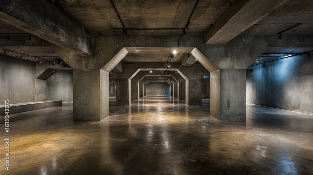 Poster empty subterranean concrete gallery space.