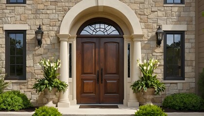 Elegant entryway showcases a double door with archway surrounded by stone and symmetrical plants.