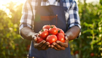 Farmer holding a pile of freshly picked, ripe red tomatoes in his hands, standing in a tomato field with sunlight shining through the plants.