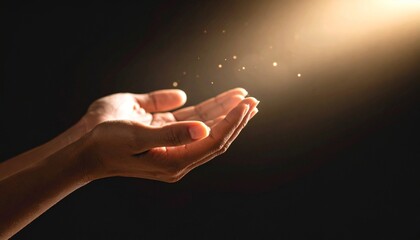 Open hands reaching upwards towards a bright, ethereal light, symbolizing hope and spirituality.
