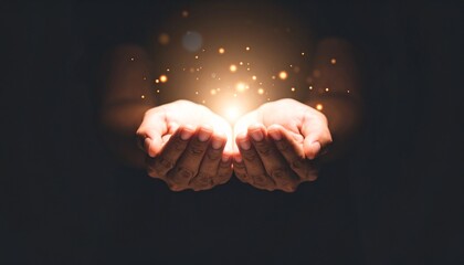Two hands cupped together holding a bright light with sparkling particles, symbolizing hope, magic, or a precious gift in the darkness.