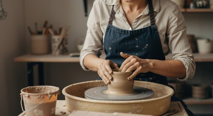 Woman shaping clay pottery on pottery wheel in creative studio  