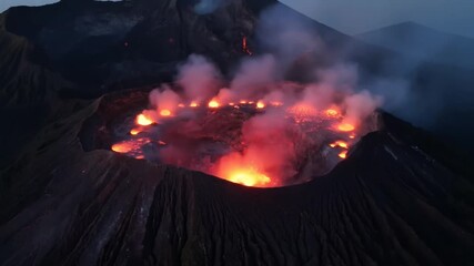 Spectacular volcanic eruption at night a fiery display of natures power with molten lava flowing from the crater, creating a dramatic and glowing landscape