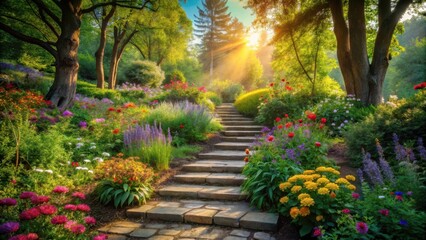 Sunlit Garden Path Ascending Through a Vibrant Floral Landscape of Blossoming Plants and Towering Trees
