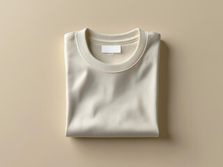 A plain folded cotton t-shirt mockup on a soft beige background with visible brand tag, top-down clean composition ideal for fashion branding.