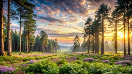 Golden Sunrise Illuminates a Serene Forest Meadow with Blooming Heather and Lush Ferns