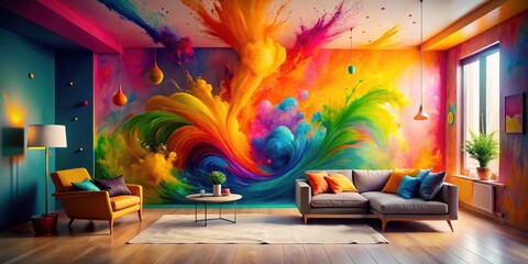 Vibrant Abstract Art Wall Mural Transforms Modern Living Room Interior Design with Colorful Accents and Stylish Furniture