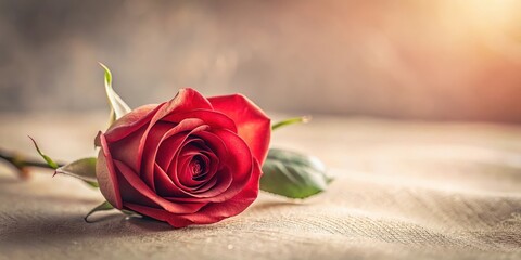 A Single Red Rose Resting on a Soft Textured Surface, Illuminated by Warm Gentle Light