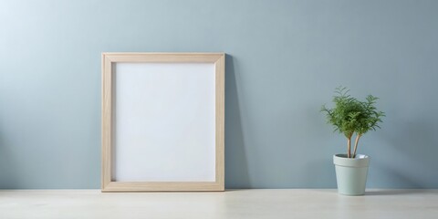Blank frame mockup on light wood surface with a potted plant against a serene blue wall