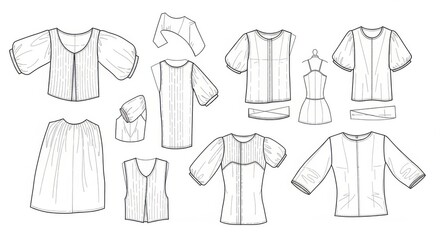 Set of Various Women's Blouses and Dresses in Sketch Style for Fashion Design