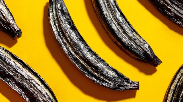 Dark, metallic bananas on a bright yellow background.