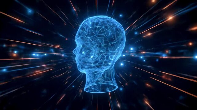 Futuristic digital representation of a human head with glowing lines and particles in a cosmic background