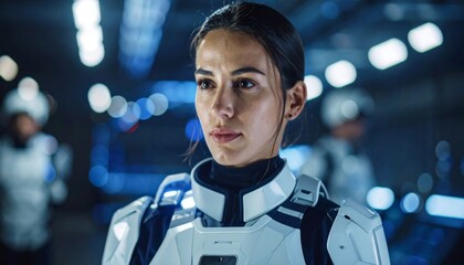 Determined Female Astronaut in Glowing Armor Gazing into a Blue-Lit Future