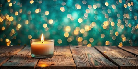 A single flickering candle's soft glow illuminates a rustic wooden surface against a backdrop of shimmering, out-of-focus lights.