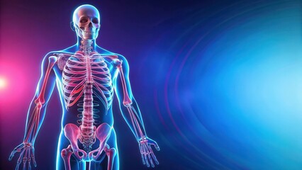 Human Skeletal System Anatomy Detailed View of Rib Cage, Spine, and Upper Extremities