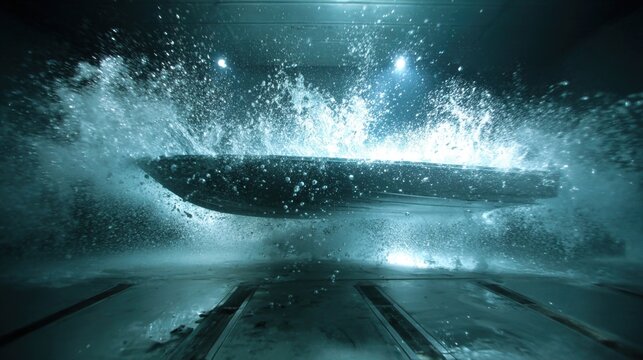 A dynamic image of a composite hull model submerged in a testing tank with water jets simulating realistic marine conditions illustrating the materials resistance to hydrodynamic forces.