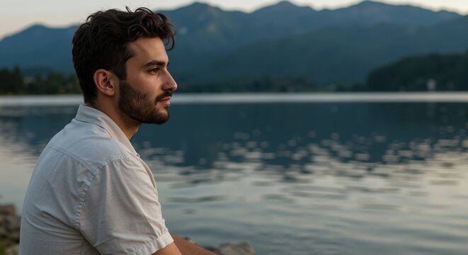 Young man sitting by the lake and enjoying the scenic view  