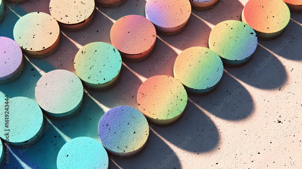 Poster colorful circular forms arranged in a geometric pattern.