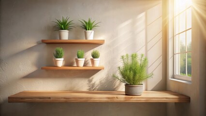 Sunlit Interior with Wooden Shelves and Potted Plants
