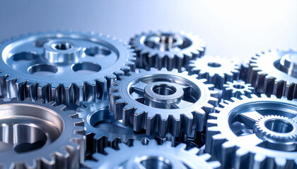 Interlocking Gears of Innovation: An intricate assembly of metallic gears interlock and mesh together, symbolizing the dynamics of a high-tech system or the precision of the industrial revolution.