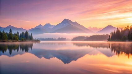 Serene Sunrise over Misty Mountain Lake with Coniferous Trees Reflecting in the Calm Waters