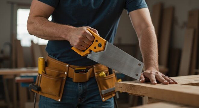 Man holding handsaw while working on wood in workshop  