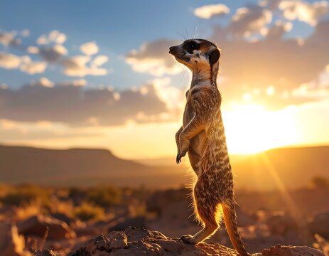 A meerkat stands alert at sunset, silhouetted against a vibrant sky and arid landscape
