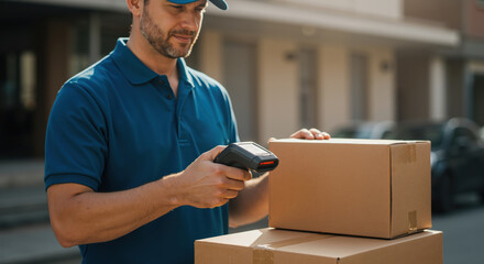 Delivery man scanning packages with barcode reader outdoors  