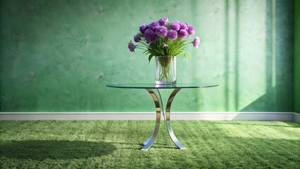 A vibrant bouquet of purple flowers in a clear glass vase adorns a sleek, modern glass-topped table, resting on a lush green carpet against a textured green wall, bathed in soft sunlight.