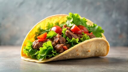 Savory Meat Filling in a Soft Wheat Tortilla with Fresh Lettuce and Cherry Tomatoes