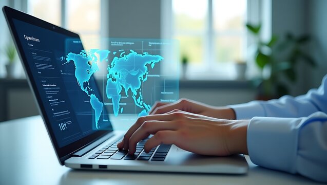 A business professional's hands typing on a laptop with a futuristic holographic world map display showing global data and network connections.