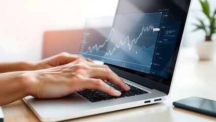 Close-up of hands typing on a laptop displaying a financial market graph, symbolizing business growth and analysis.