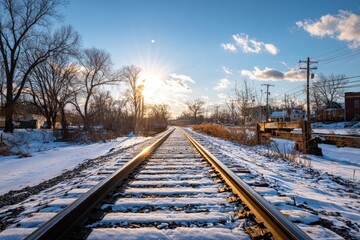 Fototapeta premium Snowy train tracks stretching into a winter sunset
