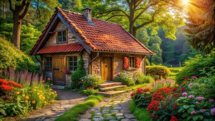 Stone Cottage Garden in Sunlight's Embrace A Picturesque Pathway Leads to a Charming Stone House Nestled Amongst Vibrant Flowers and Lush Greenery, Bathed in the Warm Glow of the Setting Sun.