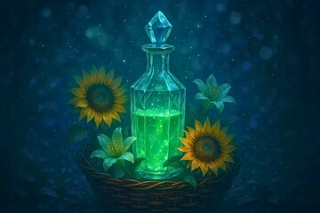 Crystal Vial with Green Liquid Surrounded by Sunflowers and Lilies in a Glowing Forest Basket
