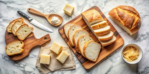 Artisanal Bread and Dairy Delicacies A Culinary Still Life Featuring Sliced Loaf, Cheese Cubes, and Wooden Serving Boards