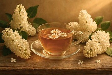 Calming Chamomile Tea Surrounded by Fresh White Lilac Blooms on a Wooden Surface