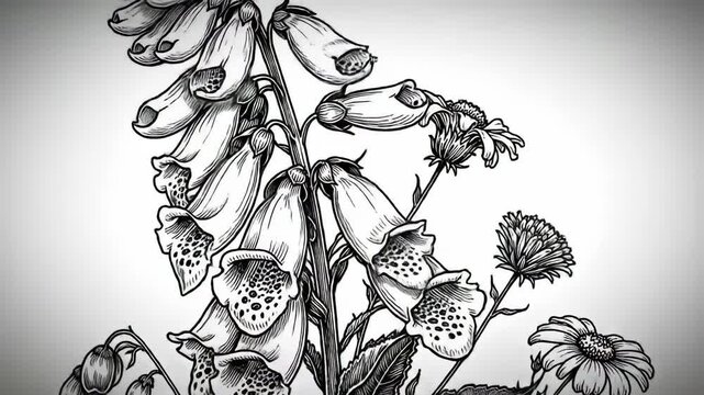 Detailed black and white illustration of flowers