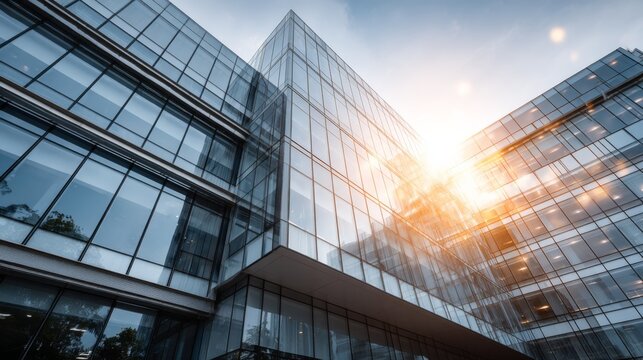 A modern glass building reflecting sunlight against a clear sky, showcasing contemporary architectural design and urban development.