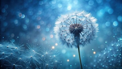 Enchanted Dandelion Seed Head with Glowing Lights in a Dreamy Blue Backdrop