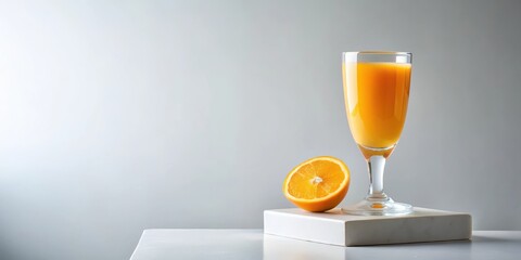 Refreshing citrus beverage in elegant glass, next to a juicy orange half on a pristine white surface