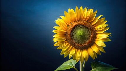 A Single Vibrant Sunflower Against a Deep Blue Background, Displaying its Golden Petals and Central Disc with Exquisite Detail, a Botanical Study in Natural Light