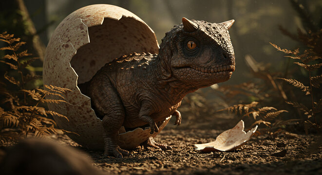 carnotaurus Tiny Dinosaur Peeking Out Shyly from Eggshell on Forest Floor