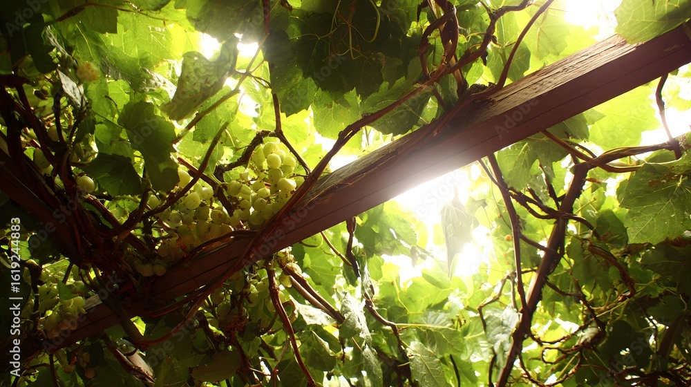 Poster sunlight streams through a grapevine canopy.